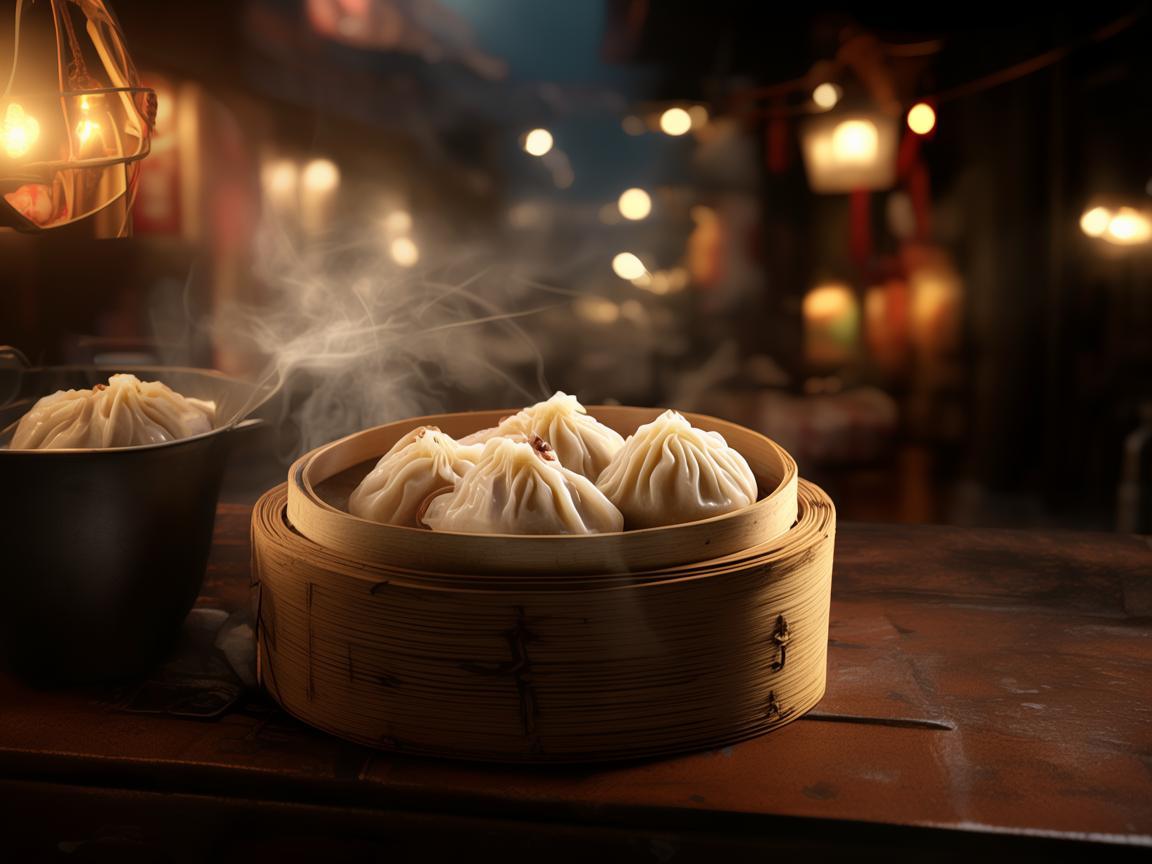 灯光下的上海小笼包，舌尖上的光影盛宴