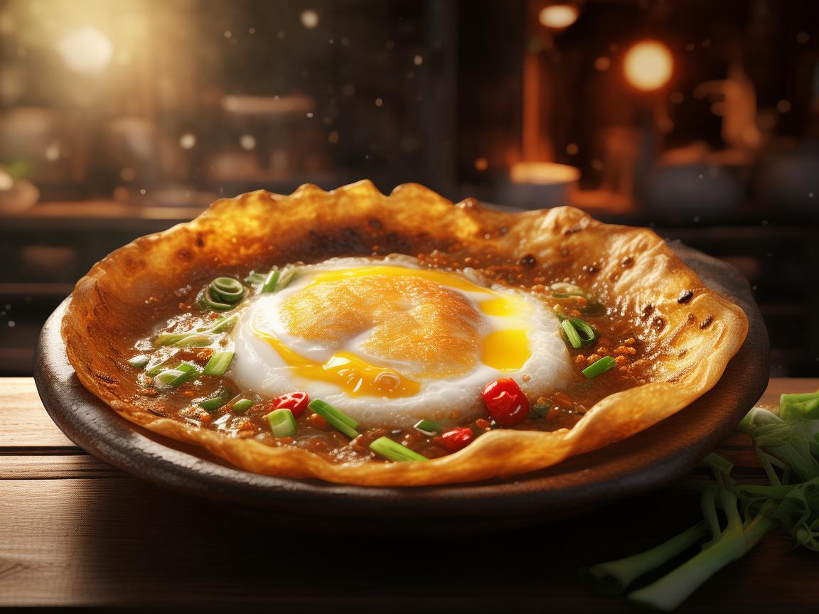 灯光下的鸡蛋灌饼美味画卷