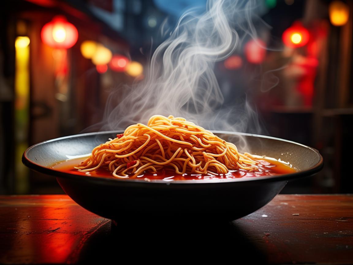 灯光下的重庆小面，独特风味的光影交织