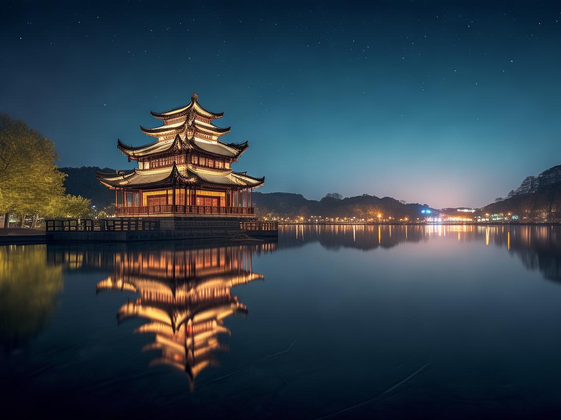 岳阳楼夜景，如何通过灯光设计展现洞庭湖的浩渺与古楼的历史韵味？