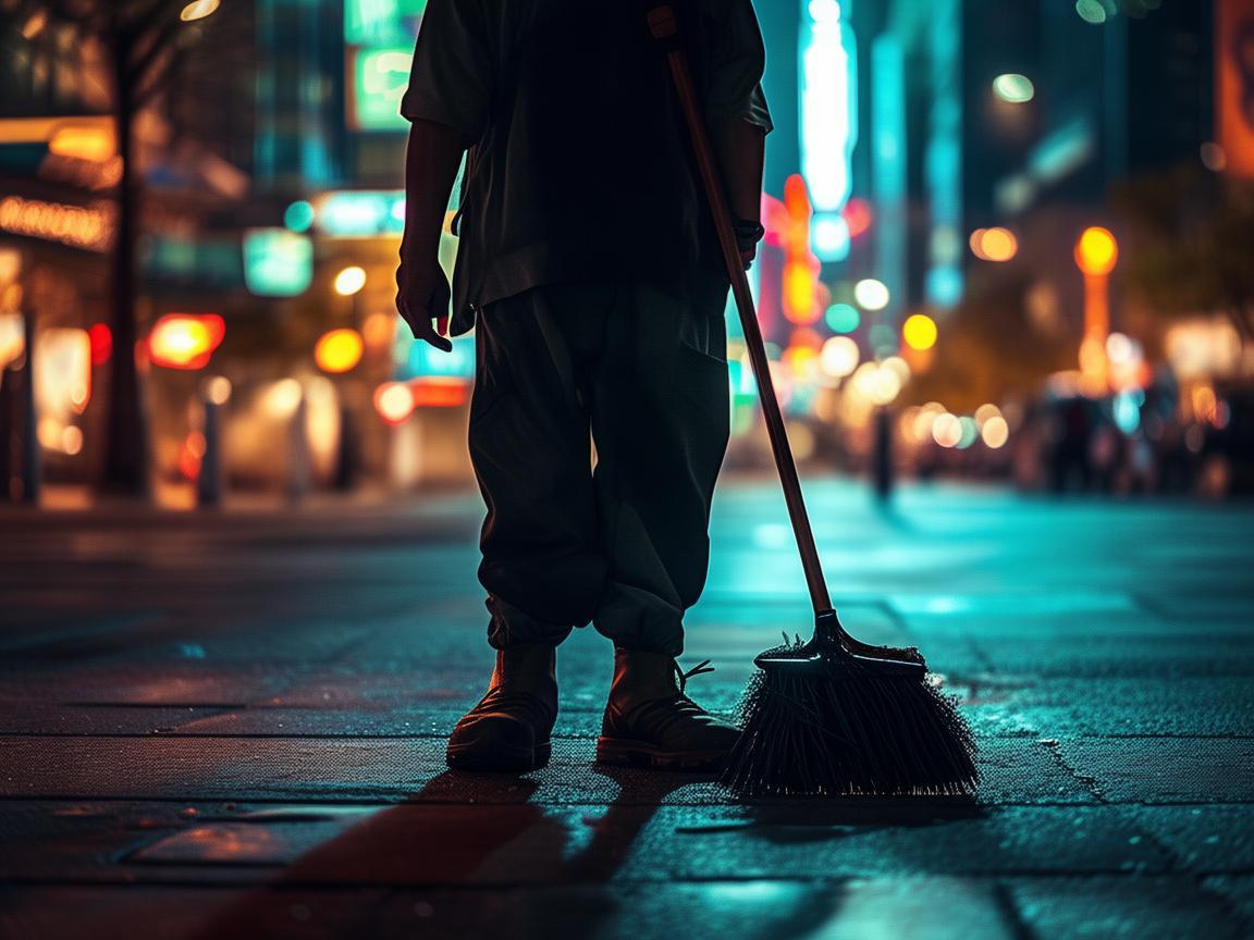 环卫工人，城市夜幕下的光影守护者