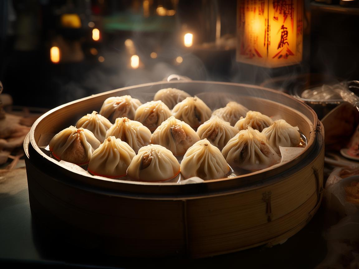 灯光下的上海小笼包，舌尖上的光影盛宴