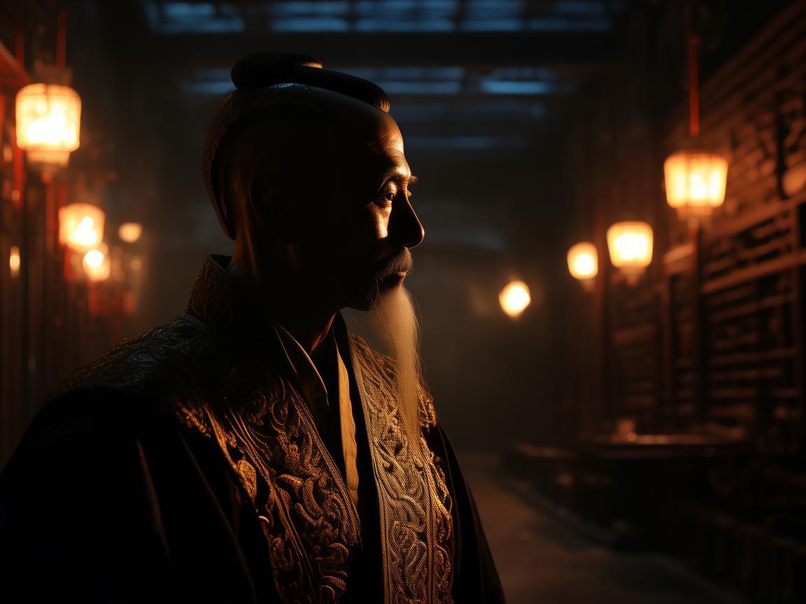 灯光如何映衬古代大臣的威严与智慧？