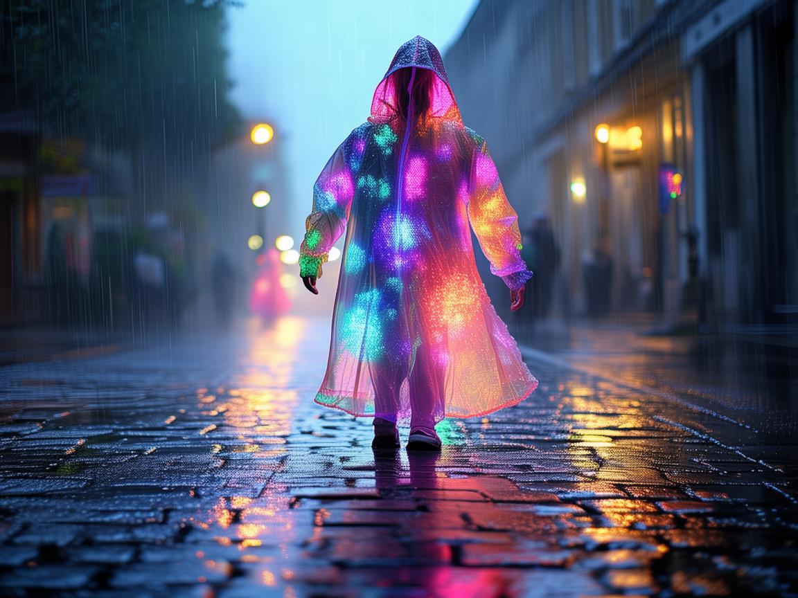 雨中光影，雨衣上的灯光奇幻之旅