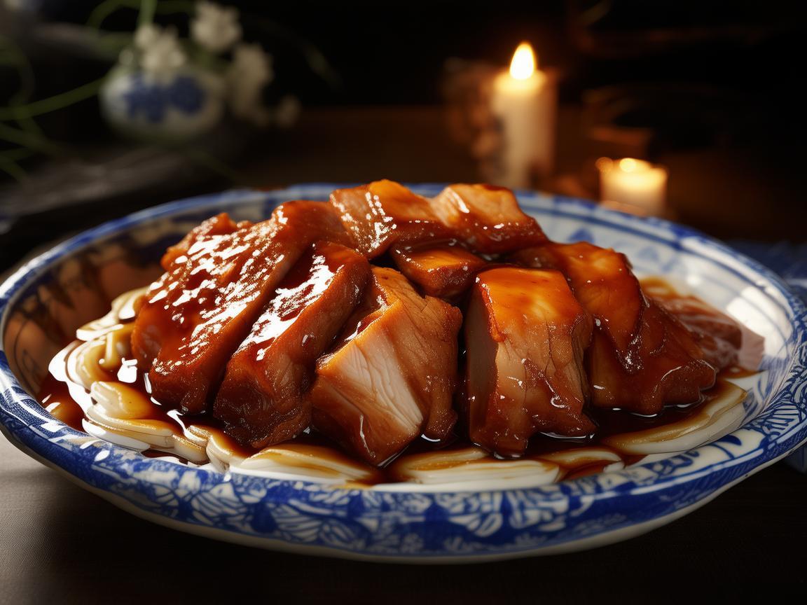 灯光下的杭州东坡肉，味觉与视觉的交融盛宴
