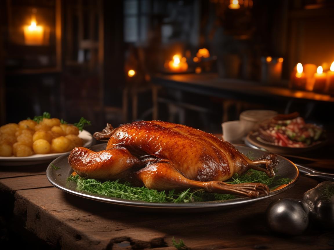 灯光下的烤鸭，一场视觉与味觉的盛宴