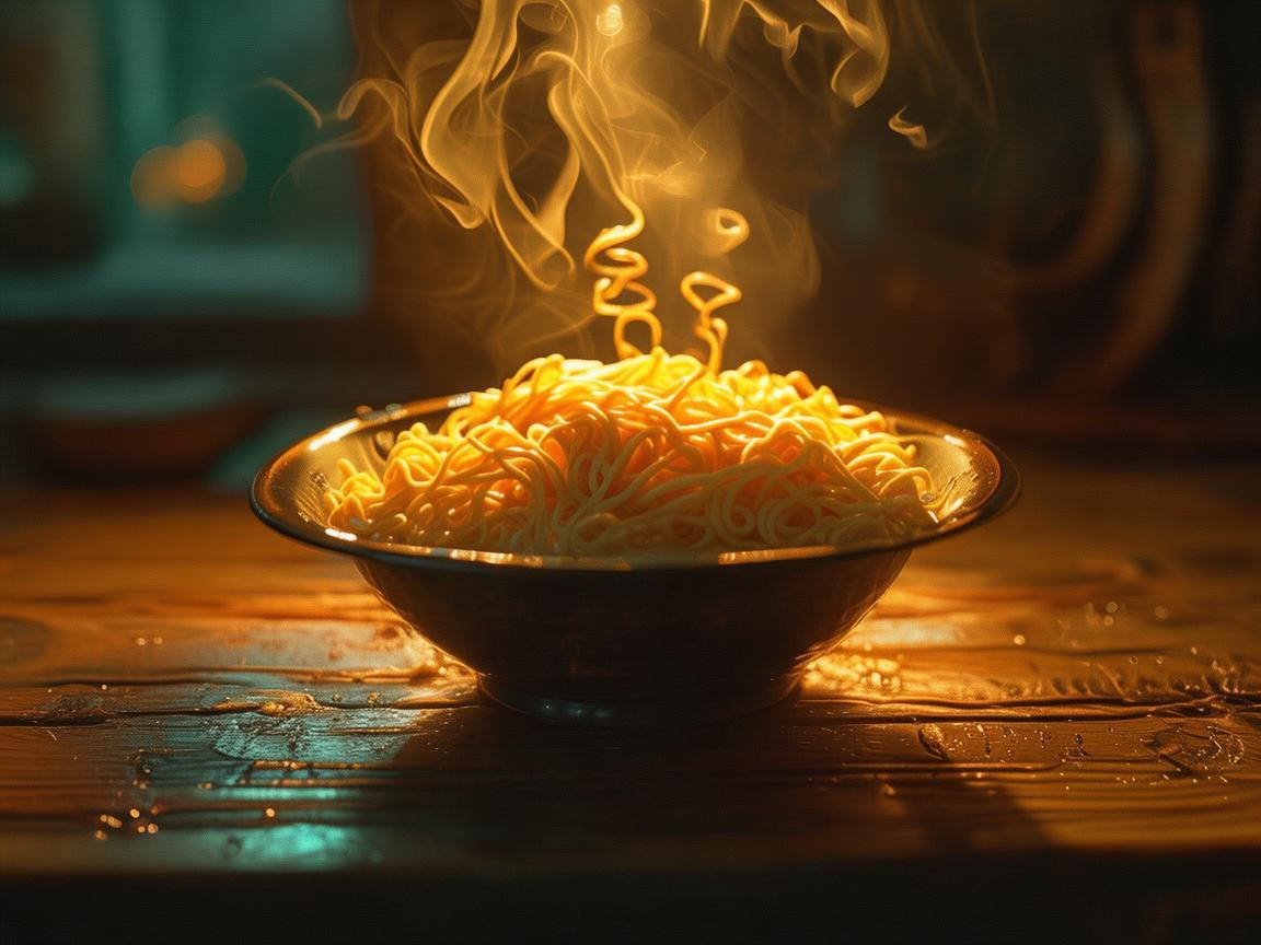 灯光下的方便面，独特的美食光影画卷