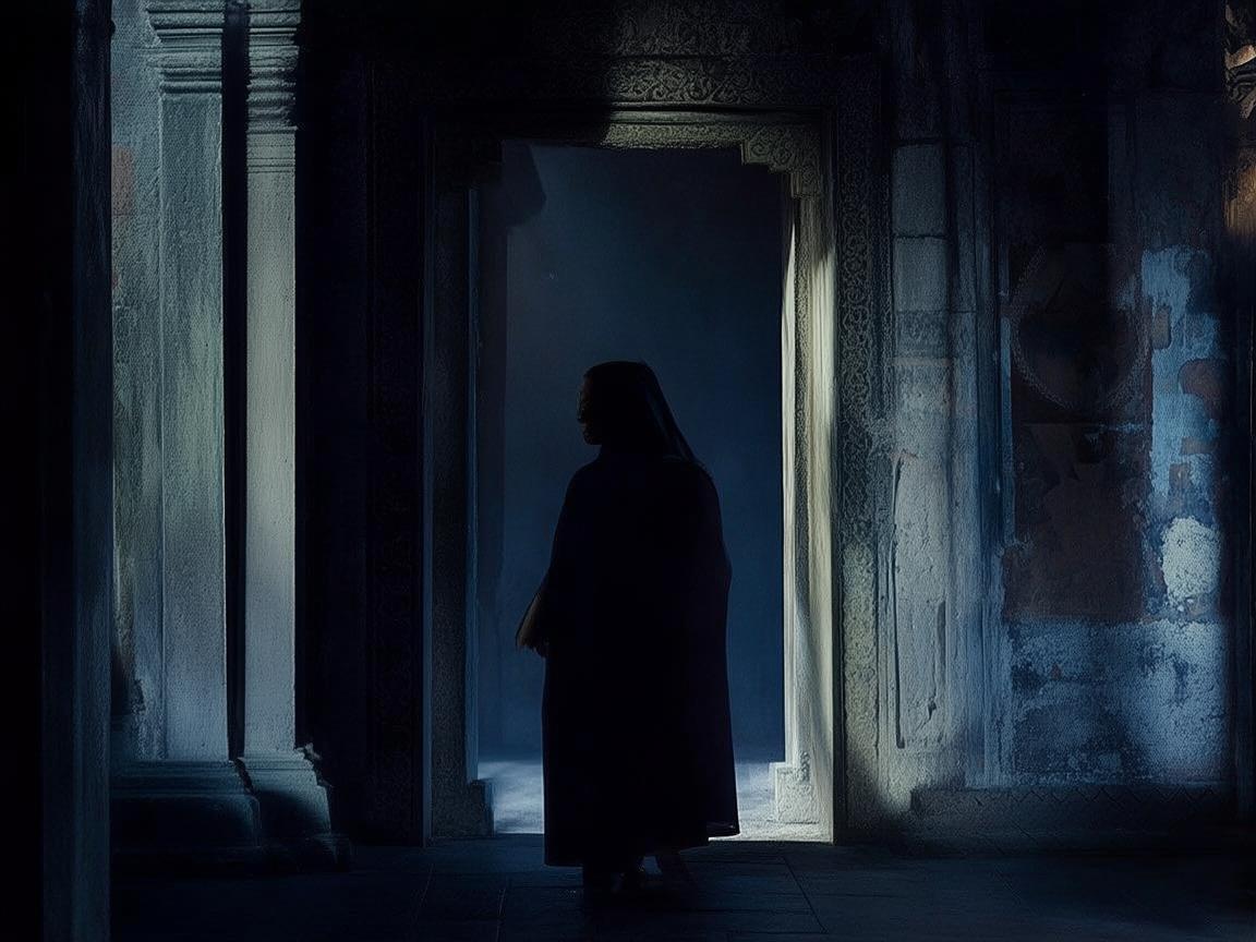 古寺微光下的尼姑身影